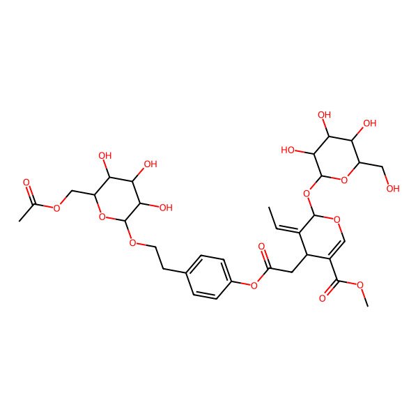 2D Structure of methyl 4-[2-[4-[2-[6-(acetyloxymethyl)-3,4,5-trihydroxyoxan-2-yl]oxyethyl]phenoxy]-2-oxoethyl]-5-ethylidene-6-[3,4,5-trihydroxy-6-(hydroxymethyl)oxan-2-yl]oxy-4H-pyran-3-carboxylate