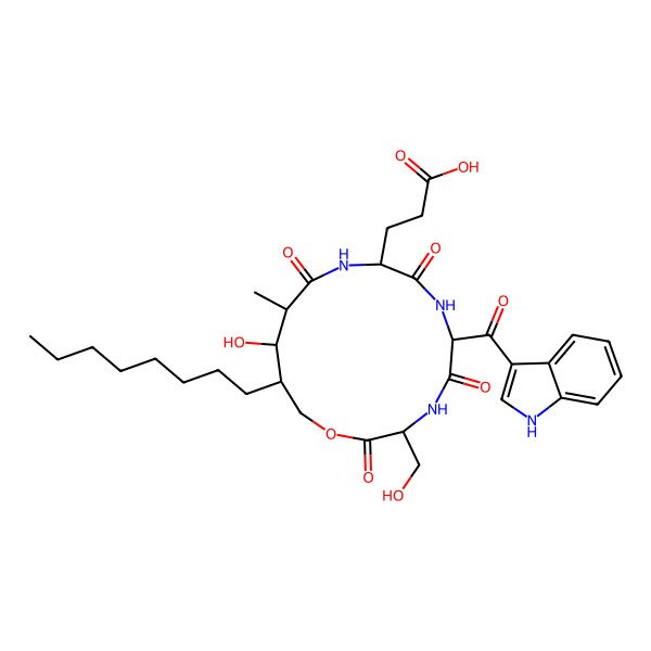 2D Structure of 3-[(3S,6S,9R,12R,13R,14R)-13-hydroxy-3-(hydroxymethyl)-6-(1H-indole-3-carbonyl)-12-methyl-14-octyl-2,5,8,11-tetraoxo-1-oxa-4,7,10-triazacyclopentadec-9-yl]propanoic acid