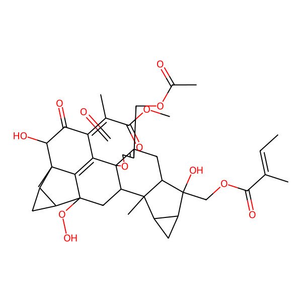 2D Structure of [(2R,8R,9S,10S,12R,13S,14S,16S,17S,19R,20S,21R,23Z)-5-(acetyloxymethyl)-16-hydroperoxy-9,21-dihydroxy-23-(1-methoxy-1-oxopropan-2-ylidene)-13,20-dimethyl-4,22-dioxo-3-oxaoctacyclo[14.7.1.02,6.02,14.08,13.010,12.017,19.020,24]tetracosa-1(24),5-dien-9-yl]methyl (E)-2-methylbut-2-enoate