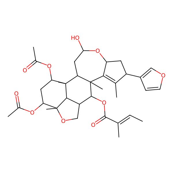 2D Structure of [17,19-Diacetyloxy-8-(furan-3-yl)-4-hydroxy-1,9,11,16-tetramethyl-5,15-dioxapentacyclo[11.6.1.02,11.06,10.016,20]icos-9-en-12-yl] 2-methylbut-2-enoate