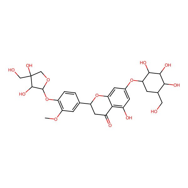 2D Structure of 2-[4-[3,4-Dihydroxy-4-(hydroxymethyl)oxolan-2-yl]oxy-3-methoxyphenyl]-5-hydroxy-7-[2,3,4-trihydroxy-5-(hydroxymethyl)cyclohexyl]oxy-2,3-dihydrochromen-4-one