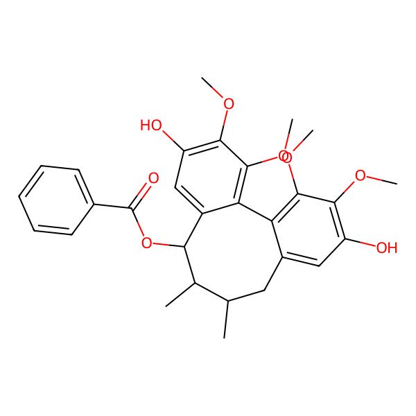 2D Structure of [(8R,9S,10S)-5,14-dihydroxy-3,4,15,16-tetramethoxy-9,10-dimethyl-8-tricyclo[10.4.0.02,7]hexadeca-1(16),2,4,6,12,14-hexaenyl] benzoate
