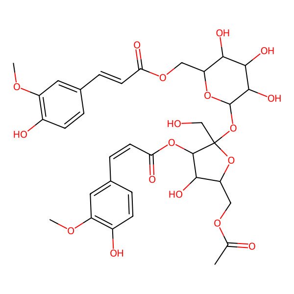 2D Structure of [(2R,3S,4S,5R,6R)-6-[(2S,3S,4R,5R)-5-(acetyloxymethyl)-4-hydroxy-3-[(E)-3-(4-hydroxy-3-methoxyphenyl)prop-2-enoyl]oxy-2-(hydroxymethyl)oxolan-2-yl]oxy-3,4,5-trihydroxyoxan-2-yl]methyl (E)-3-(4-hydroxy-3-methoxyphenyl)prop-2-enoate
