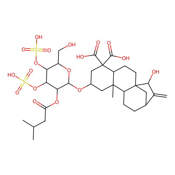 2D Structure of (1S,4R,9R,10S,13R)-15-hydroxy-7-[6-(hydroxymethyl)-3-(3-methylbutanoyloxy)-4,5-disulfooxyoxan-2-yl]oxy-9-methyl-14-methylidenetetracyclo[11.2.1.01,10.04,9]hexadecane-5,5-dicarboxylic acid