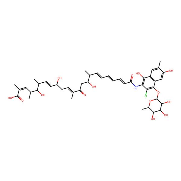 2D Structure of 23-[[3-Chloro-1,6-dihydroxy-7-methyl-4-(3,4,5-trihydroxy-6-methyloxan-2-yl)oxynaphthalen-2-yl]amino]-5,9,15-trihydroxy-2,4,6,12,16-pentamethyl-13,23-dioxotricosa-2,7,11,17,19,21-hexaenoic acid