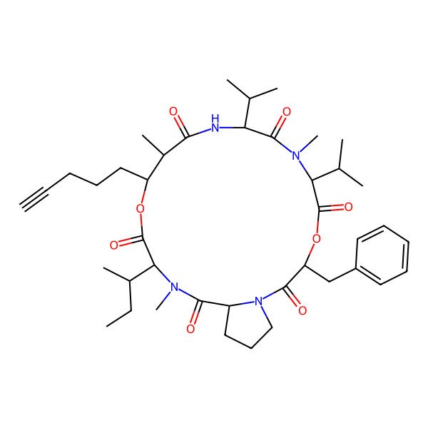 2D Structure of 3-Benzyl-16-butan-2-yl-7,12,17-trimethyl-13-pent-4-ynyl-6,9-di(propan-2-yl)-4,14-dioxa-1,7,10,17-tetrazabicyclo[17.3.0]docosane-2,5,8,11,15,18-hexone