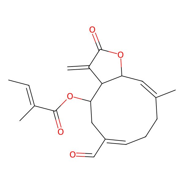 2D Structure of (3aR,4R,6E,10E,11aR)-6-Formyl-2,3,3a,4,5,8,9,11a-octahydro-10-methyl-3-methylene-2-oxocyclodeca[b]furan-4-yl (2E)-2-methyl-2-butenoate