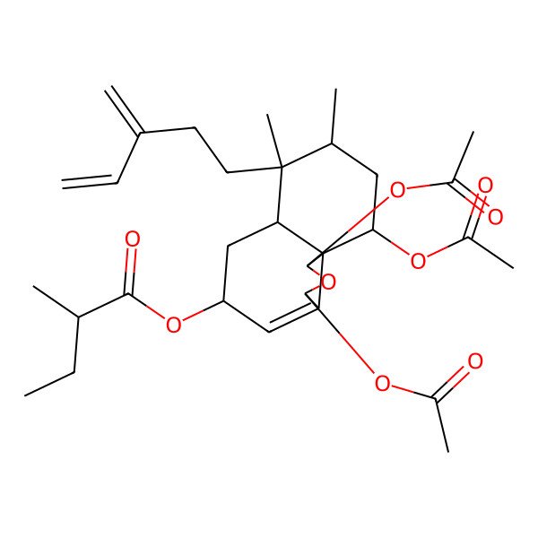 2D Structure of [(1S,3R,5R,6aS,7R,8R,10S,10aS)-1,3,10-triacetyloxy-7,8-dimethyl-7-(3-methylidenepent-4-enyl)-1,3,5,6,6a,8,9,10-octahydrobenzo[d][2]benzofuran-5-yl] (2R)-2-methylbutanoate