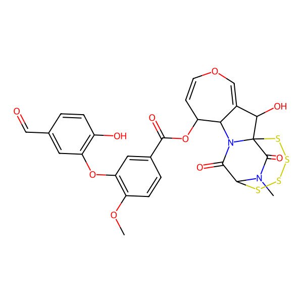 2D Structure of (2-Hydroxy-18-methyl-11,17-dioxo-5-oxa-13,14,15,16-tetrathia-10,18-diazatetracyclo[10.4.2.01,10.03,9]octadeca-3,6-dien-8-yl) 3-(5-formyl-2-hydroxyphenoxy)-4-methoxybenzoate