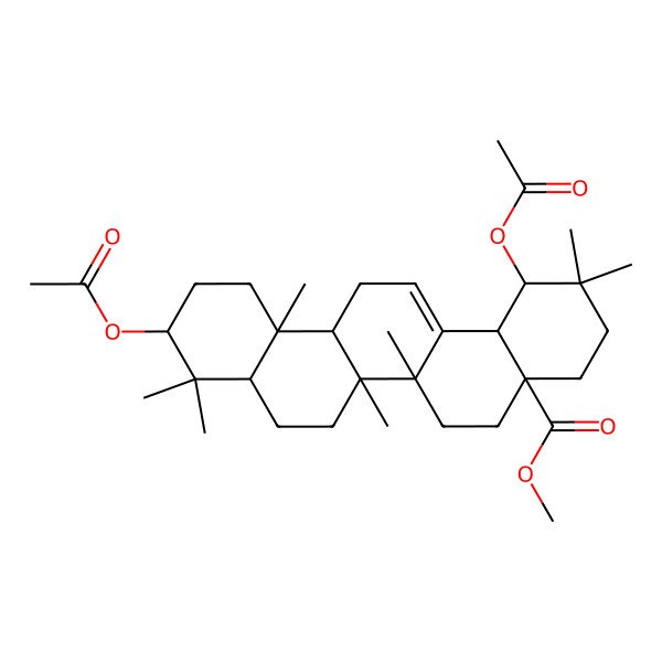 2D Structure of methyl (1R,4aR,6aR,6aS,6bR,8aR,10S,12aR,14bS)-1,10-diacetyloxy-2,2,6a,6b,9,9,12a-heptamethyl-1,3,4,5,6,6a,7,8,8a,10,11,12,13,14b-tetradecahydropicene-4a-carboxylate