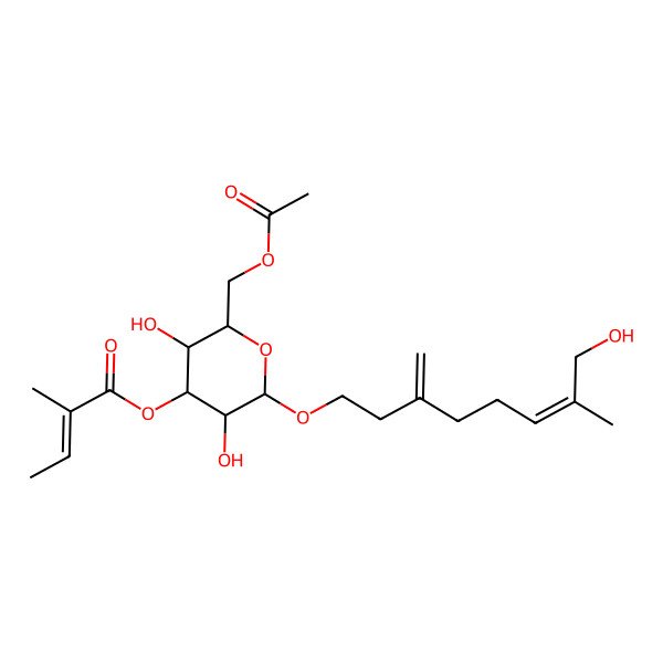 2D Structure of [(2R,3R,4S,5R,6R)-2-(acetyloxymethyl)-3,5-dihydroxy-6-[(Z)-8-hydroxy-7-methyl-3-methylideneoct-6-enoxy]oxan-4-yl] (Z)-2-methylbut-2-enoate