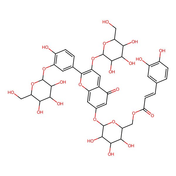 2D Structure of [(2R,3S,4S,5S,6S)-3,4,5-trihydroxy-6-[2-[4-hydroxy-3-[(2S,3R,4S,5S,6R)-3,4,5-trihydroxy-6-(hydroxymethyl)oxan-2-yl]oxyphenyl]-5-oxo-3-[(2S,3R,4S,5S,6R)-3,4,5-trihydroxy-6-(hydroxymethyl)oxan-2-yl]oxychromen-7-yl]oxyoxan-2-yl]methyl 3-(3,4-dihydroxyphenyl)prop-2-enoate