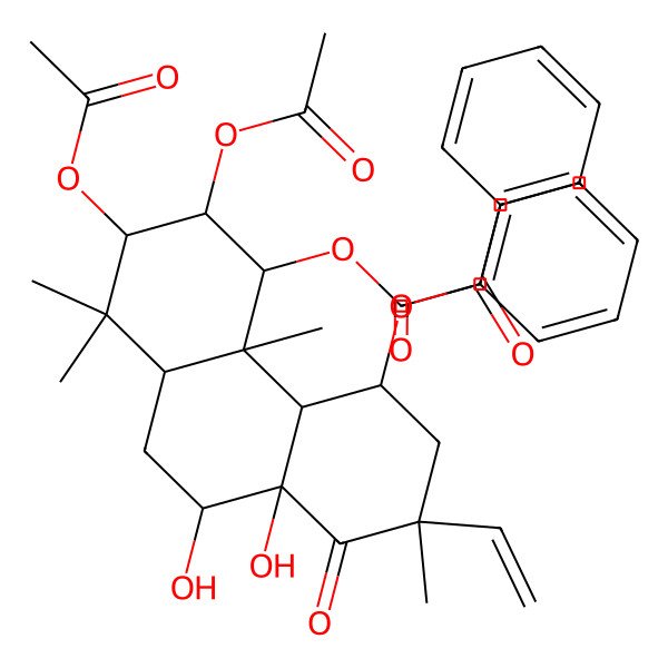 2D Structure of (6,7-diacetyloxy-5-benzoyloxy-2-ethenyl-10,10a-dihydroxy-2,4b,8,8-tetramethyl-1-oxo-4,4a,5,6,7,8a,9,10-octahydro-3H-phenanthren-4-yl) benzoate