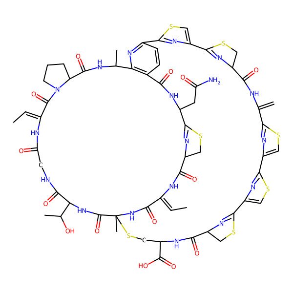 2D Structure of (12R,27R,30R,33S,36S,42Z,48S,51R,55S,59R,62Z)-55-(2-amino-2-oxoethyl)-42,62-di(ethylidene)-36-[(1R)-1-hydroxyethyl]-33,51-dimethyl-15-methylidene-13,28,34,37,40,43,49,53,60,63-decaoxo-6,10,17,21,25,32,57-heptathia-14,29,35,38,41,44,50,54,61,64,65,66,67,68,69,70,71-heptadecazadecacyclo[31.19.12.14,52.15,8.19,12.116,19.120,23.124,27.156,59.044,48]henheptaconta-1(52),2,4(66),5(71),7,9(70),16(69),18,20(68),22,24(67),56(65)-dodecaene-30-carboxylic acid