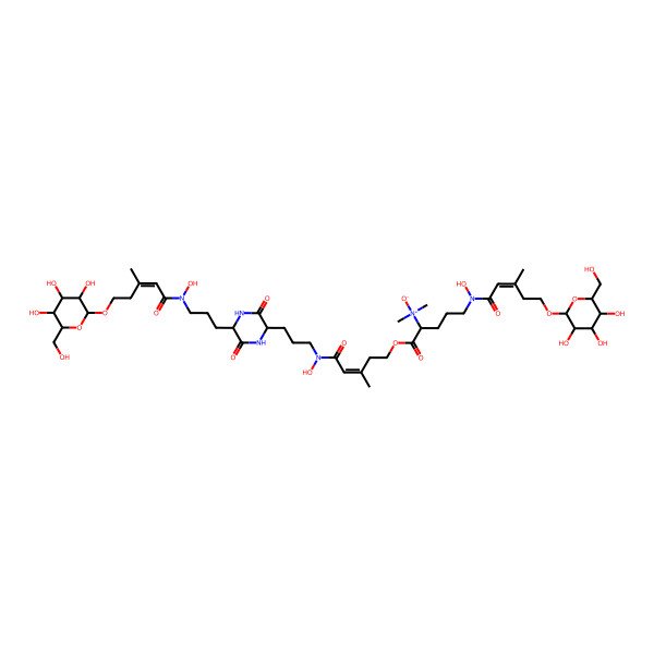 2D Structure of 1-[5-[hydroxy-[3-[5-[3-[hydroxy-[3-methyl-5-[3,4,5-trihydroxy-6-(hydroxymethyl)oxan-2-yl]oxypent-2-enoyl]amino]propyl]-3,6-dioxopiperazin-2-yl]propyl]amino]-3-methyl-5-oxopent-3-enoxy]-5-[hydroxy-[3-methyl-5-[3,4,5-trihydroxy-6-(hydroxymethyl)oxan-2-yl]oxypent-2-enoyl]amino]-N,N-dimethyl-1-oxopentan-2-amine oxide
