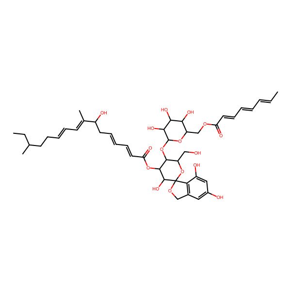 2D Structure of [(3S,3'R,4'R,5'R,6'R)-3',4,6-trihydroxy-6'-(hydroxymethyl)-5'-[(2S,3R,4S,5R,6R)-3,4,5-trihydroxy-6-[[(2E,4E,6E)-octa-2,4,6-trienoyl]oxymethyl]tetrahydropyran-2-yl]oxy-spiro[1H-isobenzofuran-3,2'-tetrahydropyran]-4'-yl] (2E,4E,8E,10E)-7-hydroxy-8,14-dimethyl-hexadeca-2,4,8,10-tetraenoate