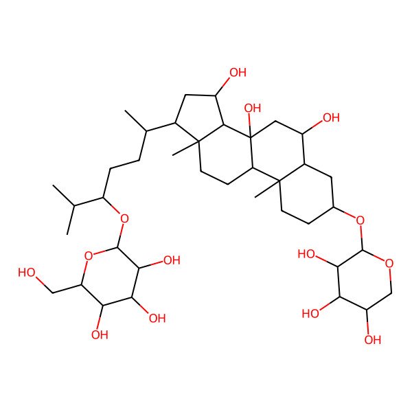 2D Structure of 2-(Hydroxymethyl)-6-[2-methyl-6-[6,8,15-trihydroxy-10,13-dimethyl-3-(3,4,5-trihydroxyoxan-2-yl)oxy-1,2,3,4,5,6,7,9,11,12,14,15,16,17-tetradecahydrocyclopenta[a]phenanthren-17-yl]heptan-3-yl]oxyoxane-3,4,5-triol