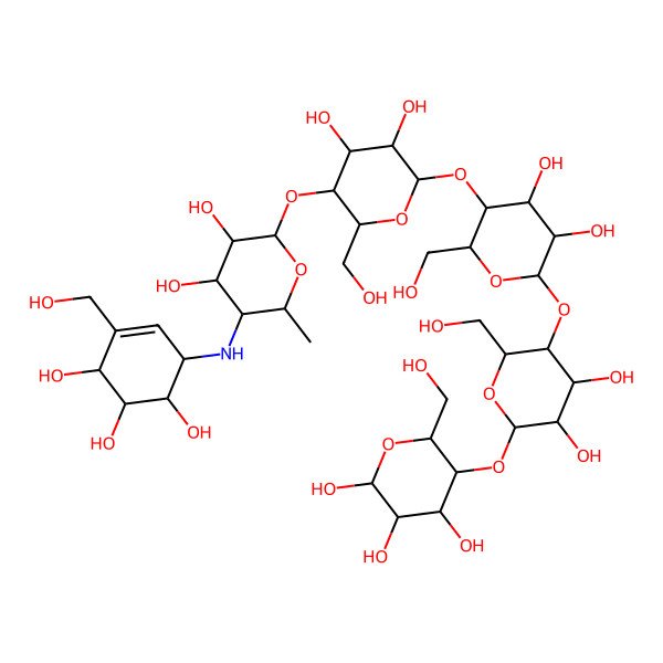 2D Structure of (2R,3R,4R,5S,6R)-5-[(2R,3R,4R,5S,6R)-5-[(2R,3R,4R,5S,6R)-5-[(2R,3R,4R,5S,6R)-5-[(2R,3R,4S,5S,6R)-3,4-dihydroxy-6-methyl-5-[[(1S,4R,5S,6S)-4,5,6-trihydroxy-3-(hydroxymethyl)cyclohex-2-en-1-yl]amino]oxan-2-yl]oxy-3,4-dihydroxy-6-(hydroxymethyl)oxan-2-yl]oxy-3,4-dihydroxy-6-(hydroxymethyl)oxan-2-yl]oxy-3,4-dihydroxy-6-(hydroxymethyl)oxan-2-yl]oxy-6-(hydroxymethyl)oxane-2,3,4-triol