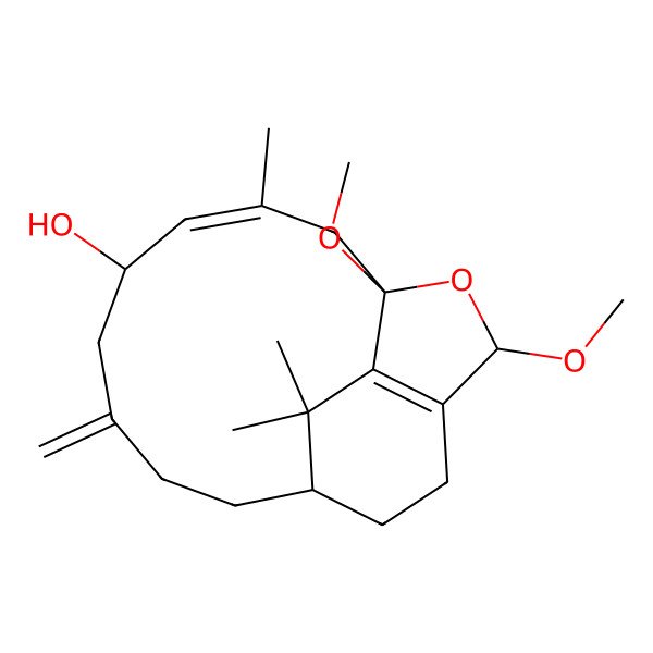 2D Structure of (1R,3Z,5S,10R,14R)-1,14-dimethoxy-3,17,17-trimethyl-7-methylidene-15-oxatricyclo[8.5.2.013,16]heptadeca-3,13(16)-dien-5-ol
