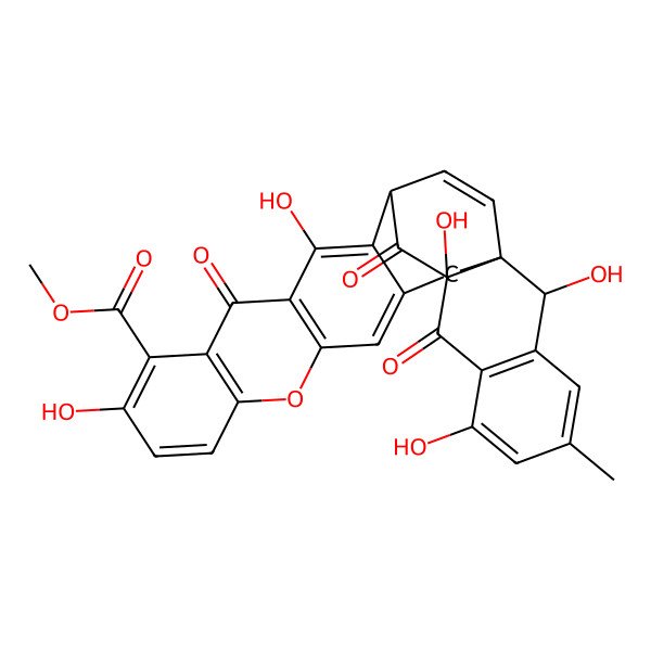 2D Structure of Methyl 10,15,19,22,27-pentahydroxy-24-methyl-13,18,20-trioxo-6-oxaheptacyclo[15.10.2.01,19.03,16.05,14.07,12.021,26]nonacosa-3,5(14),7(12),8,10,15,21(26),22,24,28-decaene-11-carboxylate