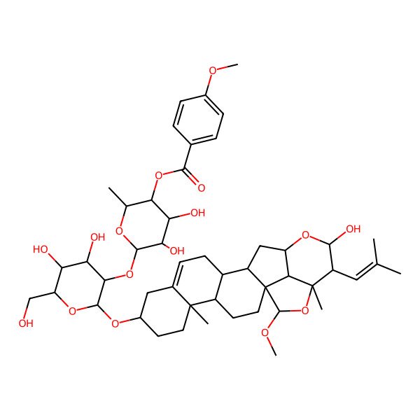 2D Structure of [(2S,3R,4S,5R,6S)-6-[(2R,3R,4S,5S,6R)-4,5-dihydroxy-2-[[(4S,5R,8R,13R,14S,16S,18R,19R,20R,22S,23R)-18-hydroxy-22-methoxy-5,20-dimethyl-19-(2-methylprop-1-enyl)-17,21-dioxahexacyclo[14.6.1.01,14.04,13.05,10.020,23]tricos-10-en-8-yl]oxy]-6-(hydroxymethyl)oxan-3-yl]oxy-4,5-dihydroxy-2-methyloxan-3-yl] 4-methoxybenzoate