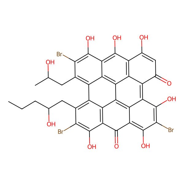 2D Structure of 12,17,23-tribromo-7,9,11,18,22,24-hexahydroxy-16-[(2R)-2-hydroxypentyl]-13-[(2S)-2-hydroxypropyl]octacyclo[13.11.1.12,10.03,8.04,25.019,27.021,26.014,28]octacosa-1(26),2(28),3(8),4(25),6,9,11,13,15,17,19(27),21,23-tridecaene-5,20-dione