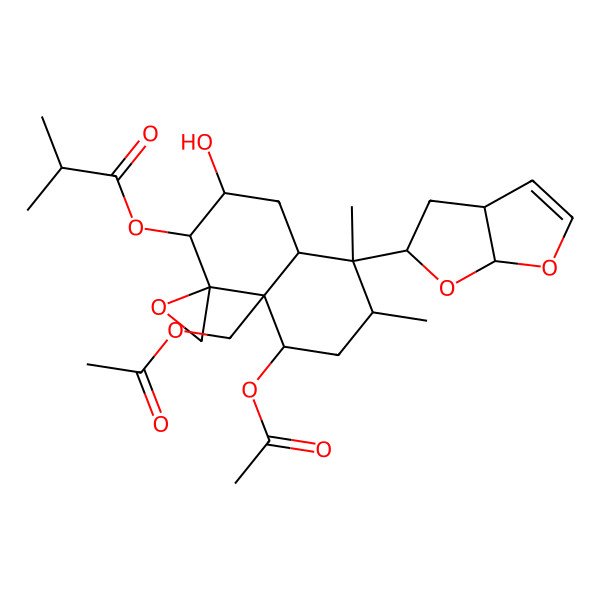 2D Structure of [(1R,2S,3R,4aR,5S,6R,8S,8aR)-5-[(3aS,5R,6aS)-3a,4,5,6a-tetrahydrofuro[2,3-b]furan-5-yl]-8-acetyloxy-8a-(acetyloxymethyl)-3-hydroxy-5,6-dimethylspiro[3,4,4a,6,7,8-hexahydro-2H-naphthalene-1,2'-oxirane]-2-yl] 2-methylpropanoate