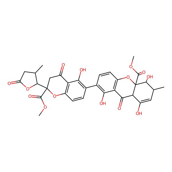 2D Structure of methyl 1,4,8-trihydroxy-7-[5-hydroxy-2-methoxycarbonyl-2-(3-methyl-5-oxooxolan-2-yl)-4-oxo-3H-chromen-6-yl]-3-methyl-9-oxo-4,9a-dihydro-3H-xanthene-4a-carboxylate
