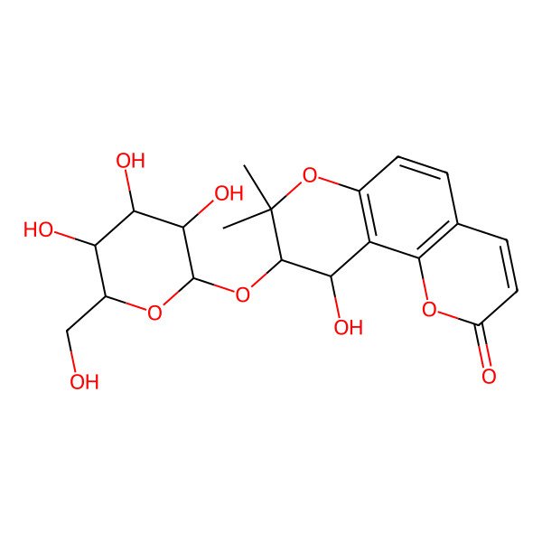 2D Structure of 10-Hydroxy-8,8-dimethyl-9-[3,4,5-trihydroxy-6-(hydroxymethyl)oxan-2-yl]oxy-9,10-dihydropyrano[2,3-f]chromen-2-one