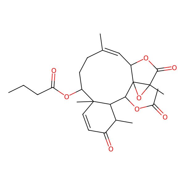 2D Structure of [(1S,2R,3S,4R,8S,9R,12Z,14S,17R)-2-acetyloxy-4,8,12,17-tetramethyl-5,16-dioxo-15,18-dioxatetracyclo[12.4.0.01,17.03,8]octadeca-6,12-dien-9-yl] butanoate