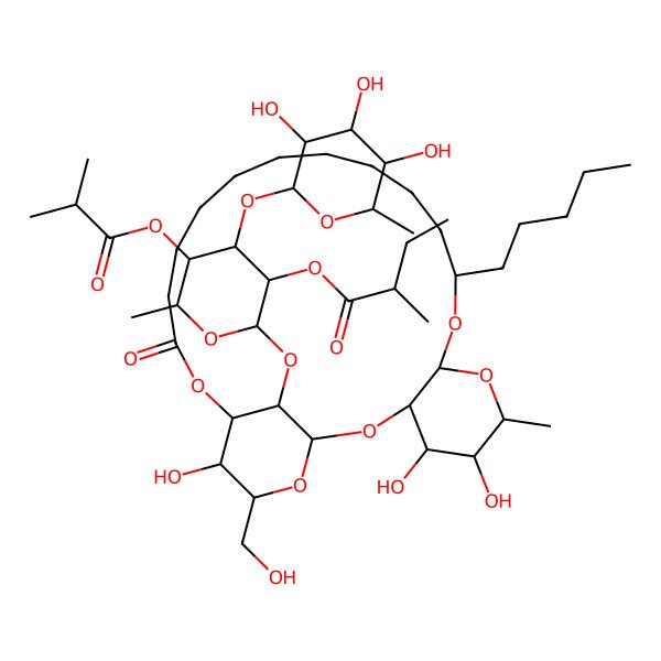 2D Structure of [6-Methyl-5-(2-methylpropanoyloxy)-2-[[4,5,23-trihydroxy-24-(hydroxymethyl)-6-methyl-20-oxo-10-pentyl-2,7,9,21,25-pentaoxatricyclo[20.3.1.03,8]hexacosan-26-yl]oxy]-4-(3,4,5-trihydroxy-6-methyloxan-2-yl)oxyoxan-3-yl] 2-methylbutanoate