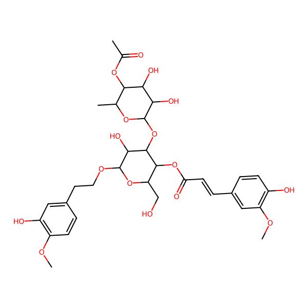 2D Structure of [(2R,3R,4R,5R,6R)-4-[(2S,3R,4S,5R,6S)-5-acetyloxy-3,4-dihydroxy-6-methyloxan-2-yl]oxy-5-hydroxy-6-[2-(3-hydroxy-4-methoxyphenyl)ethoxy]-2-(hydroxymethyl)oxan-3-yl] (E)-3-(4-hydroxy-3-methoxyphenyl)prop-2-enoate
