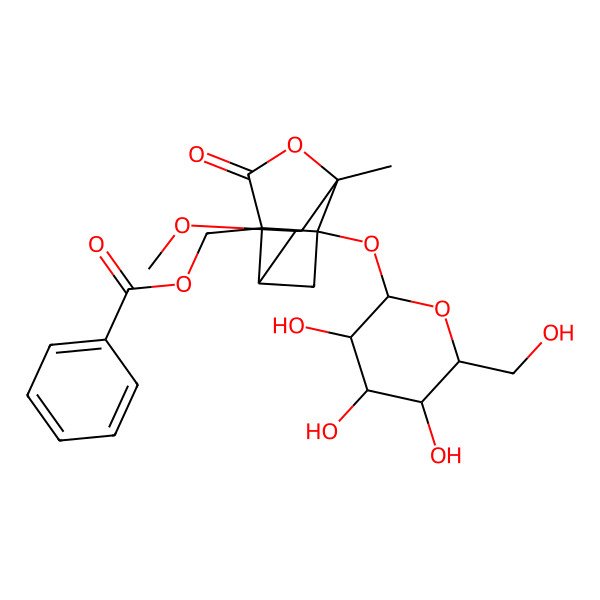 2D Structure of [4-methoxy-6-methyl-8-oxo-1-[(2S,3R,4S,5S,6R)-3,4,5-trihydroxy-6-(hydroxymethyl)oxan-2-yl]oxy-7-oxatricyclo[4.3.0.03,9]nonan-9-yl]methyl benzoate