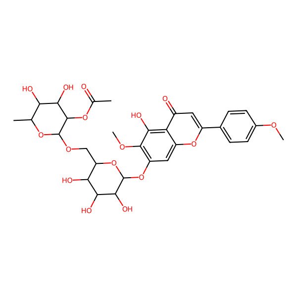 2D Structure of [(2R,3S,4R,5R,6S)-4,5-dihydroxy-6-methyl-2-[[(2R,3R,4S,5S,6S)-3,4,5-trihydroxy-6-[5-hydroxy-6-methoxy-2-(4-methoxyphenyl)-4-oxochromen-7-yl]oxyoxan-2-yl]methoxy]oxan-3-yl] acetate