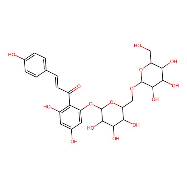 2D Structure of (E)-1-[2,4-dihydroxy-6-[(2S,3R,4S,5S,6R)-3,4,5-trihydroxy-6-[[(2R,3R,4S,5S,6R)-3,4,5-trihydroxy-6-(hydroxymethyl)oxan-2-yl]oxymethyl]oxan-2-yl]oxyphenyl]-3-(4-hydroxyphenyl)prop-2-en-1-one