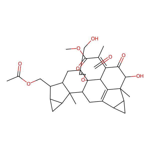 2D Structure of methyl (2Z)-2-[(1R,2S,8S,9R,10S,12R,13S,14S,17S,19R,20S,21R)-9-(acetyloxymethyl)-21-hydroxy-5-(hydroxymethyl)-13,20-dimethyl-4,22-dioxo-3-oxaoctacyclo[14.7.1.0^{2,6.0^{2,14.0^{8,13.0^{10,12.0^{17,19.0^{20,24]tetracosa-5,16(24)-dien-23-ylidene]propanoate