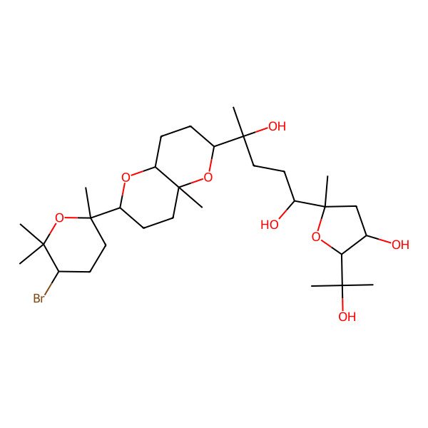 2D Structure of 4-[2-(5-bromo-2,6,6-trimethyloxan-2-yl)-4a-methyl-3,4,6,7,8,8a-hexahydro-2H-pyrano[3,2-b]pyran-6-yl]-1-[4-hydroxy-5-(2-hydroxypropan-2-yl)-2-methyloxolan-2-yl]pentane-1,4-diol