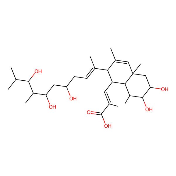 2D Structure of (E)-3-[(1S,2S,4aS,6S,7R,8S,8aR)-6,7-dihydroxy-3,4a,8-trimethyl-2-[(E,5R,7S,8R,9R)-5,7,9-trihydroxy-8,10-dimethylundec-2-en-2-yl]-2,5,6,7,8,8a-hexahydro-1H-naphthalen-1-yl]-2-methylprop-2-enoic acid