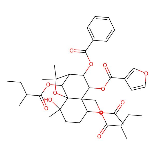 2D Structure of [(1S,2S,5S,6S,7R,8S,9R,12R)-6-(acetyloxymethyl)-8-benzoyloxy-2-hydroxy-2,10,10-trimethyl-5,12-bis[[(2R)-2-methylbutanoyl]oxy]-11-oxatricyclo[7.2.1.01,6]dodecan-7-yl] furan-3-carboxylate