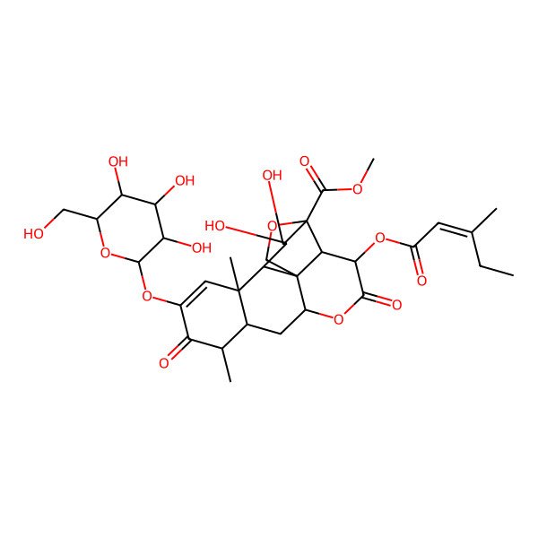 2D Structure of Methyl 15,16-dihydroxy-9,13-dimethyl-3-(3-methylpent-2-enoyloxy)-4,10-dioxo-11-[3,4,5-trihydroxy-6-(hydroxymethyl)oxan-2-yl]oxy-5,18-dioxapentacyclo[12.5.0.01,6.02,17.08,13]nonadec-11-ene-17-carboxylate