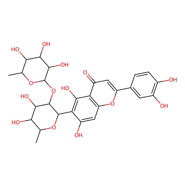 2D Structure of 6-[(2S,3S,4R,5R,6R)-4,5-dihydroxy-6-methyl-3-[(2S,3S,4R,5R,6S)-3,4,5-trihydroxy-6-methyloxan-2-yl]oxyoxan-2-yl]-2-(3,4-dihydroxyphenyl)-5,7-dihydroxychromen-4-one