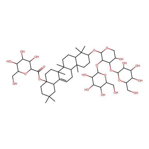2D Structure of [10-[5-Hydroxy-3,4-bis[[3,4,5-trihydroxy-6-(hydroxymethyl)oxan-2-yl]oxy]oxan-2-yl]oxy-2,2,6a,6b,9,9,12a-heptamethyl-1,3,4,5,6,6a,7,8,8a,10,11,12,13,14b-tetradecahydropicen-4a-yl] 3,4,5-trihydroxy-6-(hydroxymethyl)oxane-2-carboxylate