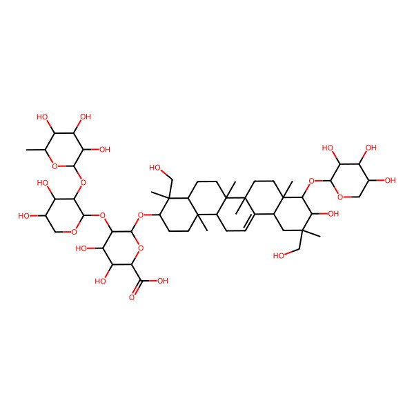 2D Structure of (2S,3S,4S,5R,6R)-6-[[(3S,4S,4aR,6aR,6bS,8aR,9S,10R,11R,12aS,14aR,14bR)-10-hydroxy-4,11-bis(hydroxymethyl)-4,6a,6b,8a,11,14b-hexamethyl-9-[(2S,3R,4S,5S)-3,4,5-trihydroxyoxan-2-yl]oxy-1,2,3,4a,5,6,7,8,9,10,12,12a,14,14a-tetradecahydropicen-3-yl]oxy]-5-[(2S,3R,4S,5S)-4,5-dihydroxy-3-[(2S,3R,4R,5R,6S)-3,4,5-trihydroxy-6-methyloxan-2-yl]oxyoxan-2-yl]oxy-3,4-dihydroxyoxane-2-carboxylic acid