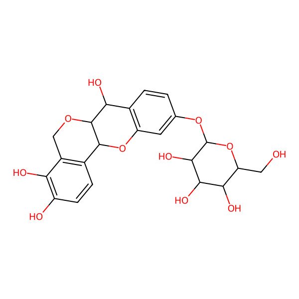 2D Structure of (6aS,7R,12aR)-10-[(2S,3R,4S,5S,6R)-3,4,5-trihydroxy-6-(hydroxymethyl)oxan-2-yl]oxy-5,6a,7,12a-tetrahydroisochromeno[4,3-b]chromene-3,4,7-triol