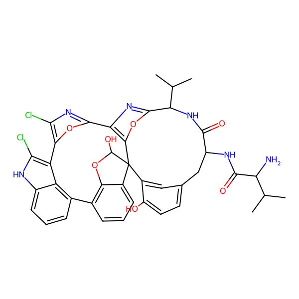 2D Structure of (2S)-2-amino-N-[(10S,13S,20R,21R)-3,35-dichloro-18,21-dihydroxy-12-oxo-10-propan-2-yl-8,22,39-trioxa-4,11,34,38-tetrazanonacyclo[27.6.1.12,5.16,9.115,19.07,20.020,24.023,28.033,36]nonatriaconta-1(35),2,4,6,9(38),15(37),16,18,23(28),24,26,29(36),30,32-tetradecaen-13-yl]-3-methylbutanamide