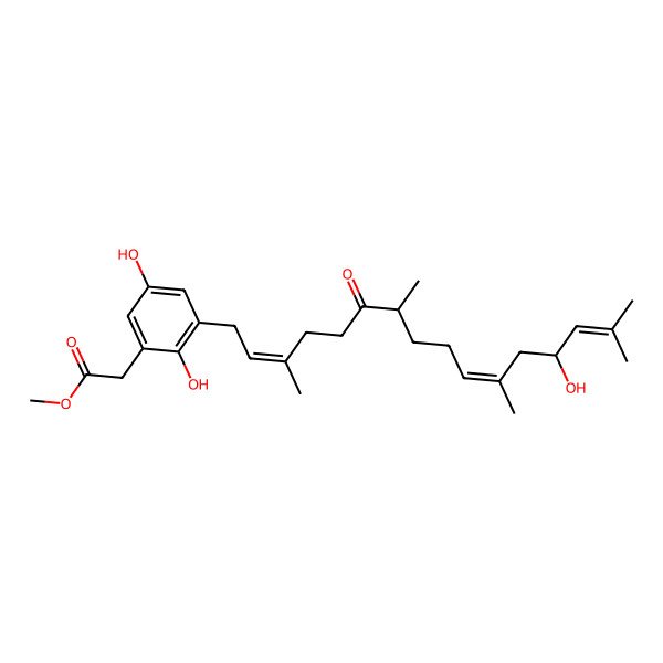 2D Structure of methyl 2-[2,5-dihydroxy-3-[(2Z,10E,13S)-13-hydroxy-3,7,11,15-tetramethyl-6-oxohexadeca-2,10,14-trienyl]phenyl]acetate