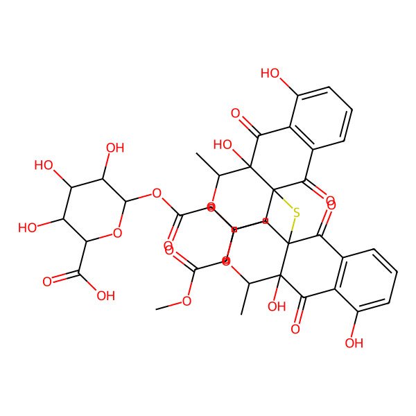 2D Structure of 6-[2-[4a-[[9,10a-dihydroxy-3-(2-methoxy-2-oxoethyl)-1-methyl-5,10-dioxo-3,4-dihydro-1H-benzo[g]isochromen-4a-yl]sulfanyl]-9,10a-dihydroxy-1-methyl-5,10-dioxo-3,4-dihydro-1H-benzo[g]isochromen-3-yl]acetyl]oxy-3,4,5-trihydroxyoxane-2-carboxylic acid