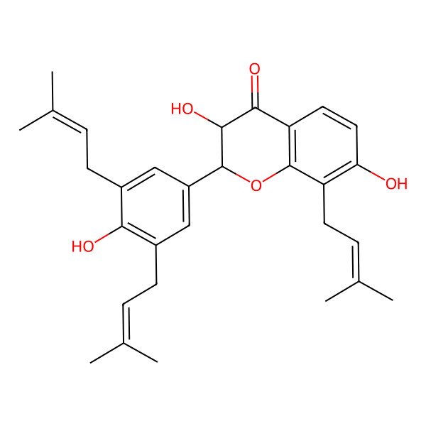 2D Structure of (2R,3R)-3,7-dihydroxy-2-[4-hydroxy-3,5-bis(3-methylbut-2-enyl)phenyl]-8-(3-methylbut-2-enyl)-2,3-dihydrochromen-4-one
