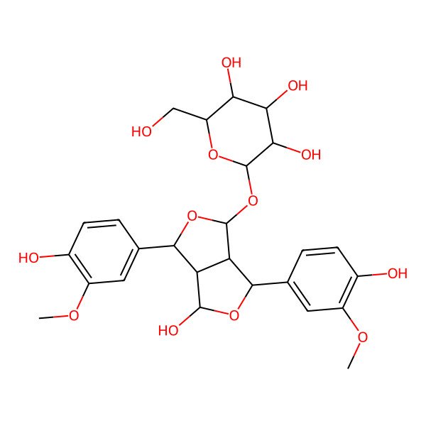 2D Structure of (2S,3R,4S,5S,6R)-2-[[(1S,3R,3aS,4S,6S,6aS)-3-hydroxy-1,4-bis(4-hydroxy-3-methoxyphenyl)-1,3,3a,4,6,6a-hexahydrofuro[3,4-c]furan-6-yl]oxy]-6-(hydroxymethyl)oxane-3,4,5-triol