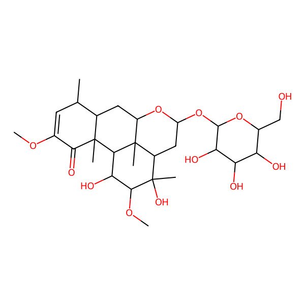 2D Structure of (2S,9R,13R,14S,15R,17R)-14,16-dihydroxy-4,15-dimethoxy-2,6,14,17-tetramethyl-11-[(2S,4S,6R)-3,4,5-trihydroxy-6-(hydroxymethyl)oxan-2-yl]oxy-10-oxatetracyclo[7.7.1.02,7.013,17]heptadec-4-en-3-one